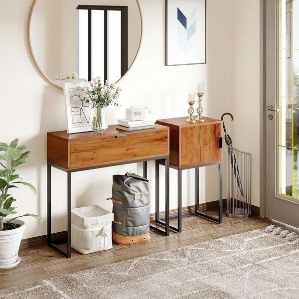 HOMCOM Konsolentisch mit Schublade, Sofatisch Flurtisch im Industriedesign, Beistelltisch für Eingang, Wohnzimmer, Flur, Stahl, Natur, 80 x 30 x 76 cm