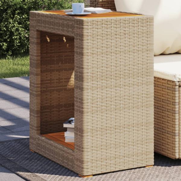 vidaXL Garten-Beistelltisch mit Holzplatte Beige Poly Rattan 366305