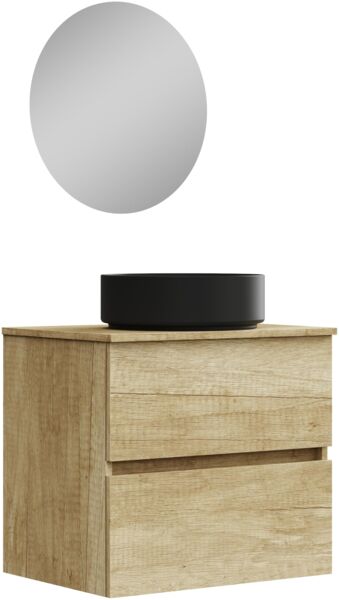 BAIKAL Onyx Black Badezimmerschrank, 2 Schubladen, zum Aufhängen an der Wand, mit Keramikwaschbecken in Mattschwarz, Melamin 16 mm, montiertes Möbelstück, rundes Waschbecken, mit Spiegel, 70 cm Nature
