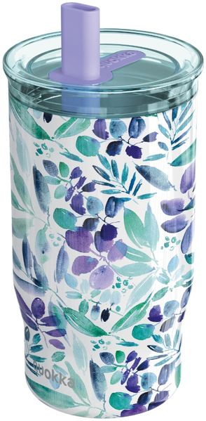 Isolierbecher Edelstahl mit Strohhalm, doppelwandig, vakuumisoliert 720 ml Violette Blüten