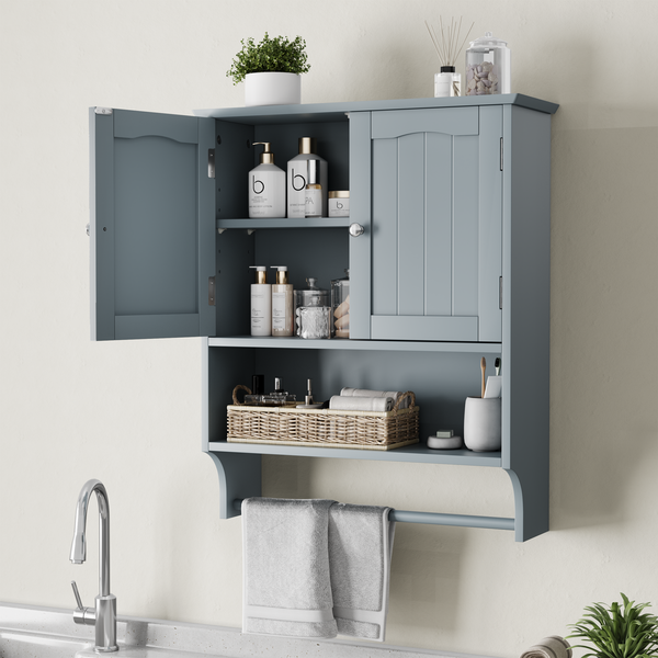 Wand-Badezimmerschrank mit Regal und Handtuchhalter, MDF, hellgrau, platzsparend, 56,8×19×70 cm, verstellbare Fächer