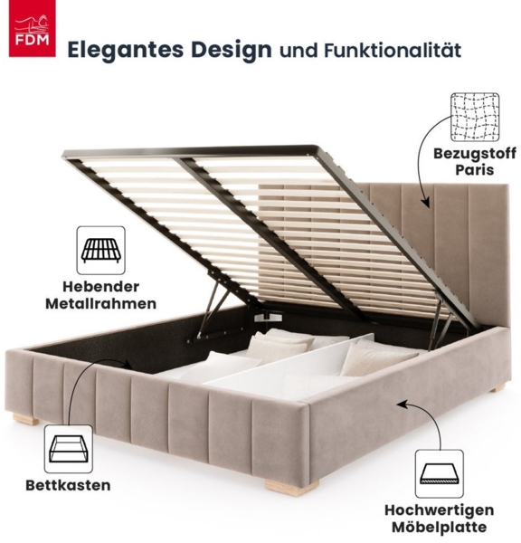 FDM Polsterbett DENTON modern mit Bettkasten MADE IN EU - mit hochwertigem Paris Bezug (verfügbar 90x200 120x200 140x200 160x200 180x200cm, Bettrahmen, Bett, mit großen gepolsterten Kopfteil, mit Bettkasten zum aufklappen), Hebbarer Metallrahmen, Bettk... Bild 2