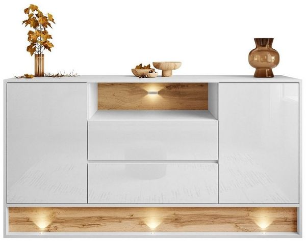 ALLHOUSE24 Kommode MILA 160 cm mit Einsatz aus Wotan Eiche Sideboard LED Beleuchtung, Breite 160 cm