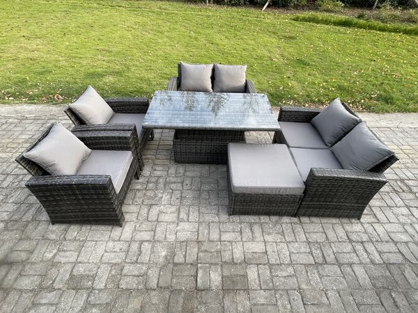 Fimous Rattan Gartenmöbel Set im Balkon 7-Sitzer Einstellbare Höhe Esstisch Sofa Set mit Doppelsitz-Sofa Großer Fußhocker Dunkelgrau Gemischt