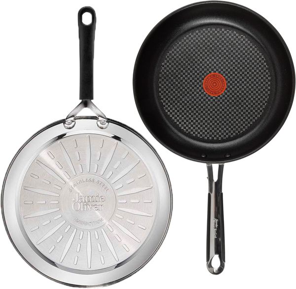 Tefal J90921 Jamie Oliver Bratpfanne 24 cm, Induktionsgeeignet, Antihaftbeschichtung, Edelstahl, Thermospot, 10 Jahre Garantie, für alle Herdarten, inklusive Pfannenwender und Filz Pfannenschoner
