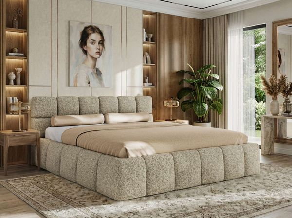 Doppelbett mit Gasdruckfeder, Polsterbett NIRA CLASSIC Holzlattenrost Bett mit Stauraum, gepolstertes Kopfteil Bettkasten Foam Matratze - 160 x 200 cm - Dunkelbeige Strukture - MIRO LUX