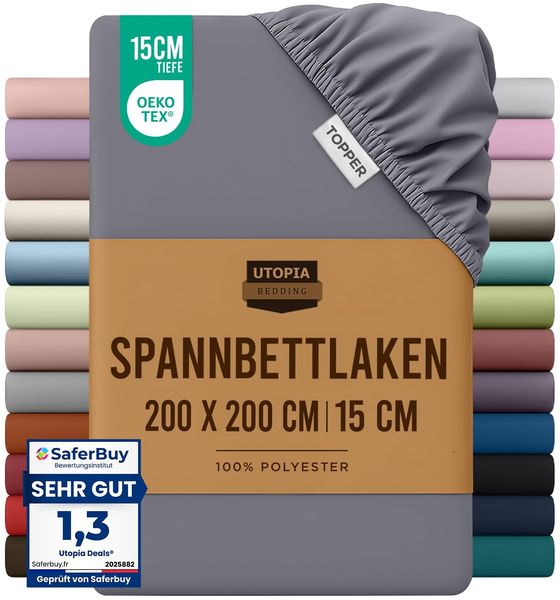 Utopia Bedding - Topper Spannbettlaken 200x200 cm - Grau - Gebürstete Polyester-Mikrofaser Spannbetttuch - 15 cm Tiefe Tasche