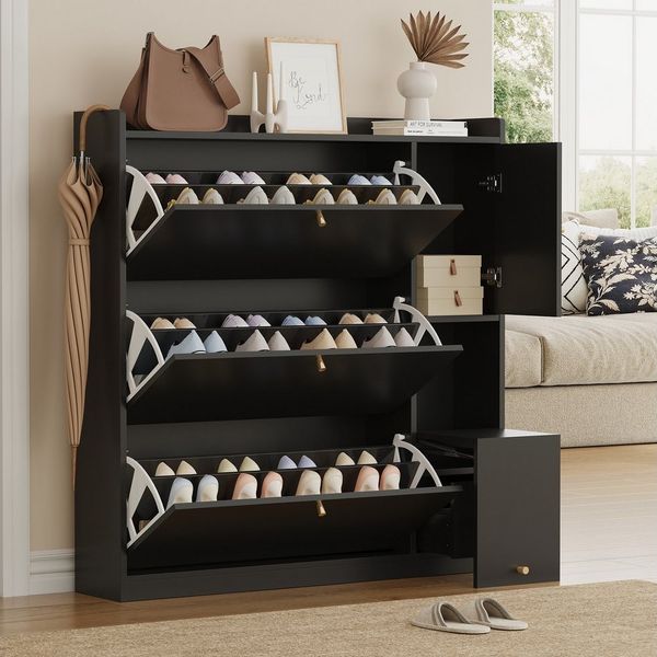 Flieks Schuhschrank mit klappbarer Sitzbank, 3 Klappen und 1 Schubladen Weiß/Schwarz (1-St, B119/T24/H122 cm, ca 20 Paar Schuhe) Schuhregal mit Schuhwechselhocker Schuhkommode Schuhkipper