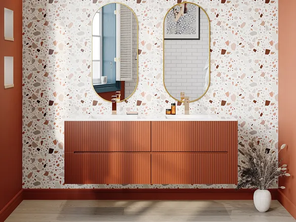Vente-unique - PAVANI Waschbeckenmöbel Holz, Platte Rot - B 45,5 cm x H 55 cm x L 150 cm