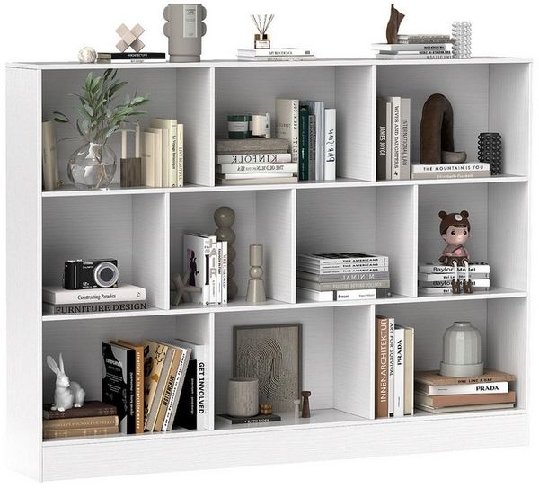 COSTWAY Bücherregal, Standregal, 3 Ebenen, 10 Fächer, bis 70kg, 140 x 24 x 104 cm
