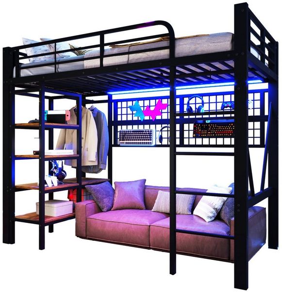 BlingBin Hochbett Jugendbett Kinderbett Funktionsbett mit LED-Beleuchtung (Einzelbett, 1-St, mit Ablagefach, Gegenständen, Kleiderstange und offener Raum) 90 x 200 cm, Ohne Matratze, Schwarz