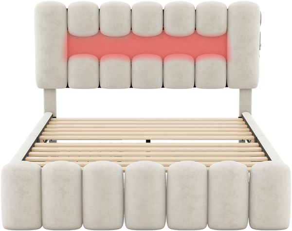 140 x 200 Polsterbett, Polsterbett mit 4 Schubladen, Polsterbet Bett mit LED-Lichtleiste mit USB und Stereoanlage, Beige Bild 5