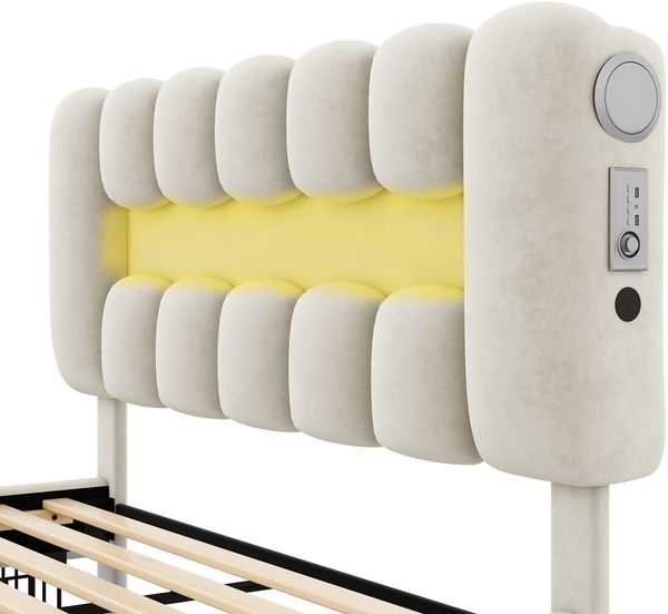 140 x 200 Polsterbett, Polsterbett mit 4 Schubladen, Polsterbet Bett mit LED-Lichtleiste mit USB und Stereoanlage, Beige Bild 4
