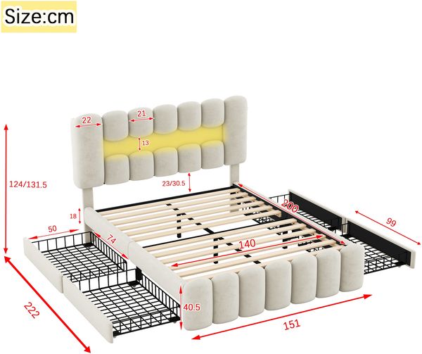 140 x 200 Polsterbett, Polsterbett mit 4 Schubladen, Polsterbet Bett mit LED-Lichtleiste mit USB und Stereoanlage, Beige Bild 3
