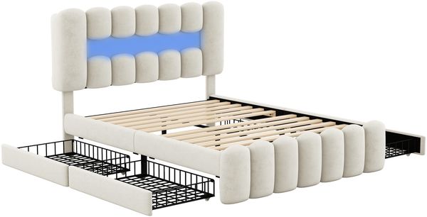 140 x 200 Polsterbett, Polsterbett mit 4 Schubladen, Polsterbet Bett mit LED-Lichtleiste mit USB und Stereoanlage, Beige Bild 8