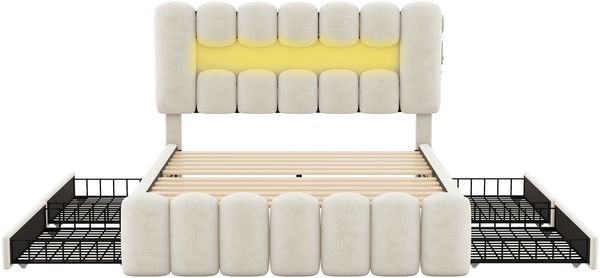 140 x 200 Polsterbett, Polsterbett mit 4 Schubladen, Polsterbet Bett mit LED-Lichtleiste mit USB und Stereoanlage, Beige Bild 7