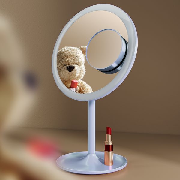EMKE Kosmetikspiegel mit beleuchtung Wiederaufladbarer Schminkspiegel, LED Kosmetikspiegel mit 3 Lichtfarben, 1/3x Vergrößerung, 90°Schwenkbar, Touchschalter und Memory-Funktion(Hellblau)