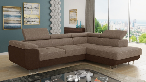 Ecksofa Caris mit Schlaffunktion, Bettkasten und einstellbare Kopfstützen (Braun + Cappuccino (Sawana 16 + Sawana 02), Ecksofa Rechts)