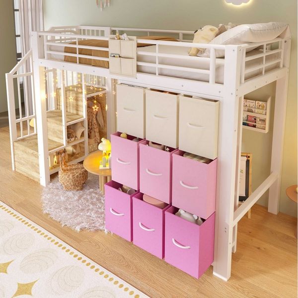 BlingBin Hochbett 90×200 cm mit Schubladen, Kleiderstange, Geländer, ohne Matratze (1-St, Kinder-/Jugendbett mit Treppe & Stauraum, Schubladen-Kommode) platzsparend mit Stauraum, für Kinder & Jugendliche