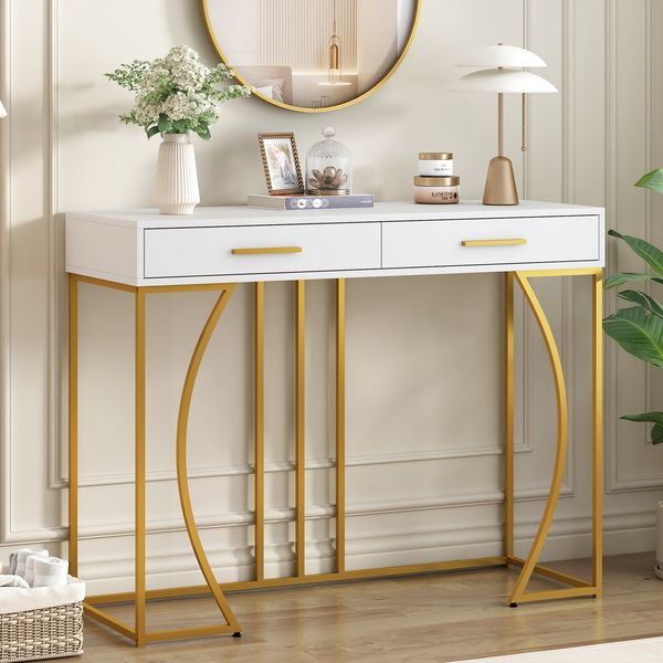 Konsolentisch mit Schublade, MDF-Tischplatte & Metallgestell, 110x32x85 cm, Weiß