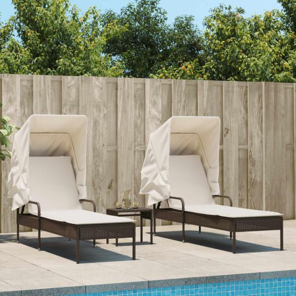 vidaXL Sonnenliegen 2 Stk. mit Dach und Tisch Braun Poly Rattan 3261570