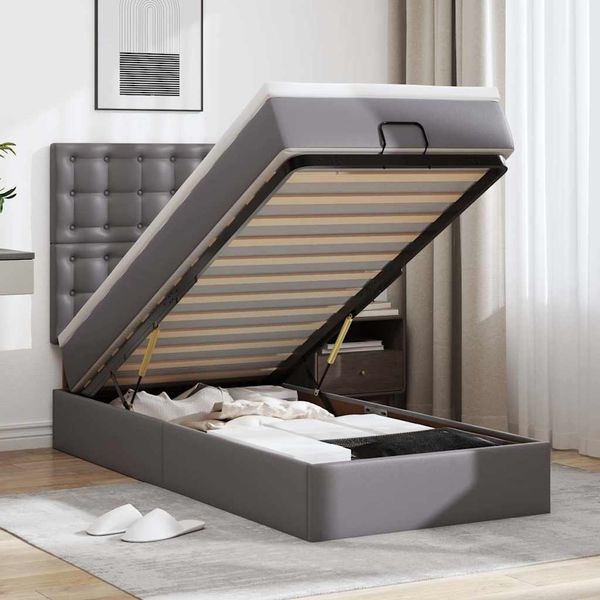 vidaXL Ottoman-Bett mit Matratze & LEDs Grau 100x200 cm Kunstleder 3313838
