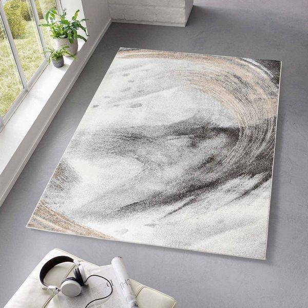 TaraCarpet Teppich Moderner Designerteppich TC-Fashion 6116 Circle in grau, blau, beige, rechteckig, Höhe: 12 mm, Kurzflor Kreise beige Wohnzimmer Schlafzimmer Kinderzimmer 080x140 cm