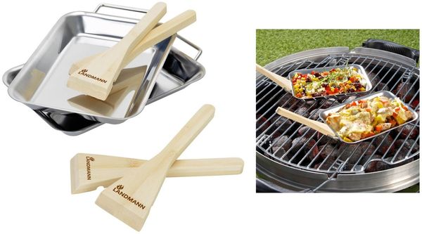LANDMANN Grillpfännchen 2er-Set Servierpfännchen Grillschale Grillpfanne Raclette Mini-Pfanne BBQ Bambusschaber