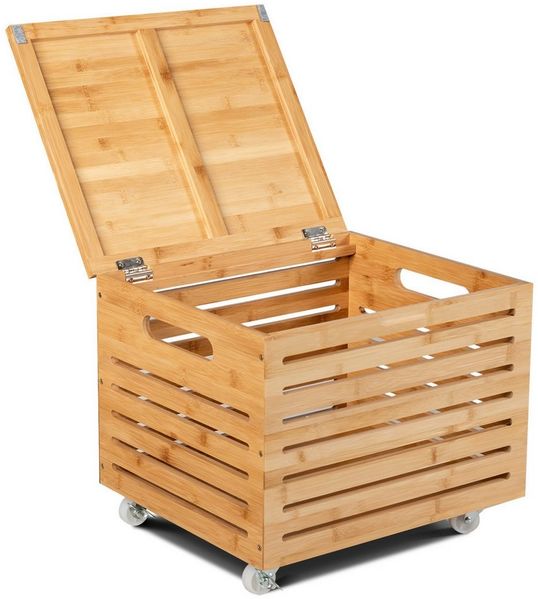 COSTWAY Spielzeugtruhe, mit Deckel & 4 Rollen Aufbewahrungsbox Bambus 43x36x36cm