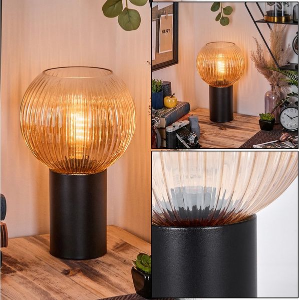 hofstein Tischleuchte Tischlampe aus Metall/Riffelglas in Schwarz/Bernstein/Klar, ohne Leuchtmittel, Leuchte im Retro/Vintage-Design mit Glasschirm (20 cm), E27