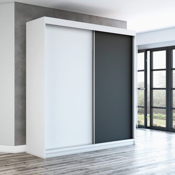 Schwebetürenschrank STIL 2-türig Schrank 180 cm (mit Spiegel) Farbe: Weiß , schwarz