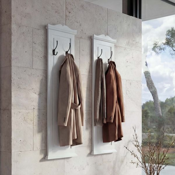 2er-Set Garderobe T33, Wandgarderobe Garderobenpaneel, Wandhaken Holz 109x28x4cm ~ weiß lackiert