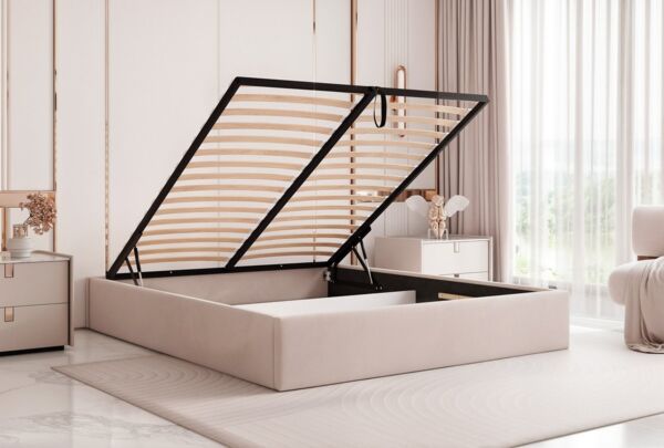 Goldstoff Polsterbett Modernes Bett "MODENA" ohne Kopfteil mit Stauraum & gepolsterte Rahmen (120–200x200 cm), Schlafbett mit großzügigem Stauraum und modern gepolstertem Design