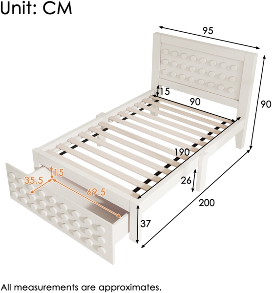 Bett 90x190 cm mit Schublade und kreativem Blockdesign – weißes Kinderbett aus Holz Bild 7