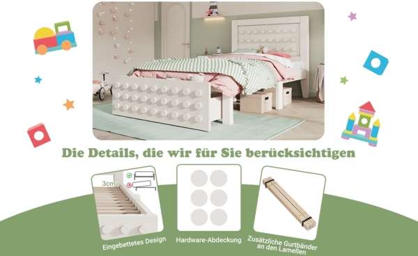 Bett 90x190 cm mit Schublade und kreativem Blockdesign – weißes Kinderbett aus Holz Bild 8