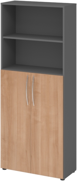 bümö Mehrzweckschrank 80cm breit, Aktenschrank o. Schuhschrank hoch, Regal Schrank-Kombi, Küchenschrank in Graphit/Nussbaum aus Holz, Vorratsschrank & Haushaltsschrank mit Metallgriffen, 4770-G-N-BM