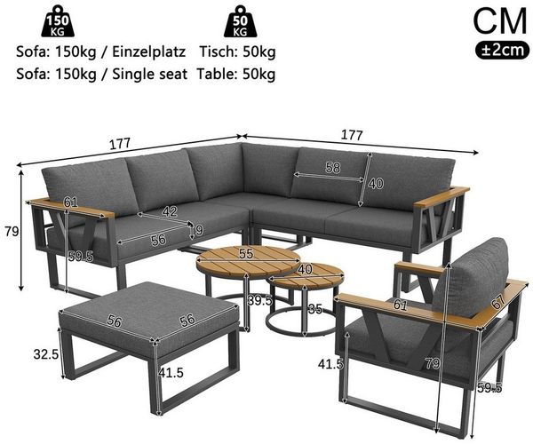 Celya Gartenlounge-Set Modulare Outdoor-Sitzgruppe mit verstellbaren Füßen, (freie Kombination für Terrasse, Balkon, Poolbereich, Grau), robuste Metallbasis, 9cm dicken Kissen und 2er-Set Holztischen
