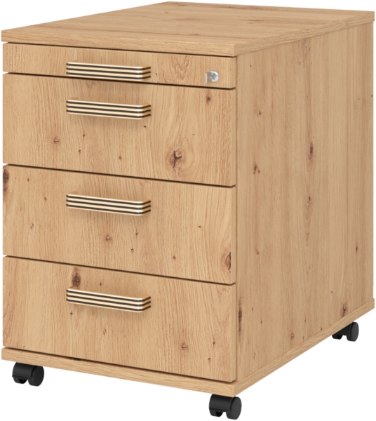 bümö Rollcontainer mit Schubladen, Container abschließbar aus Holz in Asteiche - Rollwagen für's Büro als Schreibtisch Unterschrank, Bürocontainer od. Schreibtischcontainer mit Streifengriffe, AC30-R-R-SG