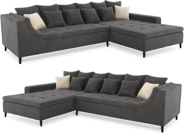 Ecksofa moderne L-Couch Polsterecke Rutschenlehne Metallfüße Cord Dunkelgrau