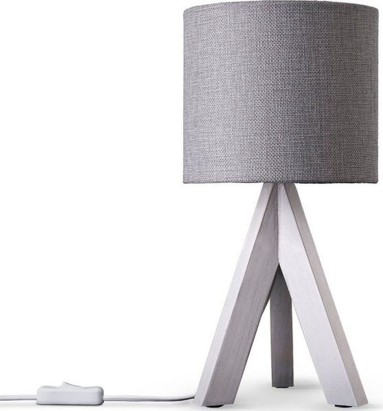 Paco Home Tischleuchte BAJO CANVAS UNI COLOR, ohne Leuchtmittel, Dreibein massiv Holz, Textilschirm uni Leinen, Ø 17 cm, H. 35 cm