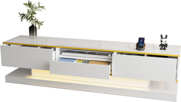 TV-Schrank mit drei Schubladen und offenem Fach, Hochglanz, LED-Leuchten mit Farbwechsel, MDF, Weiß, 180×38×45 cm
