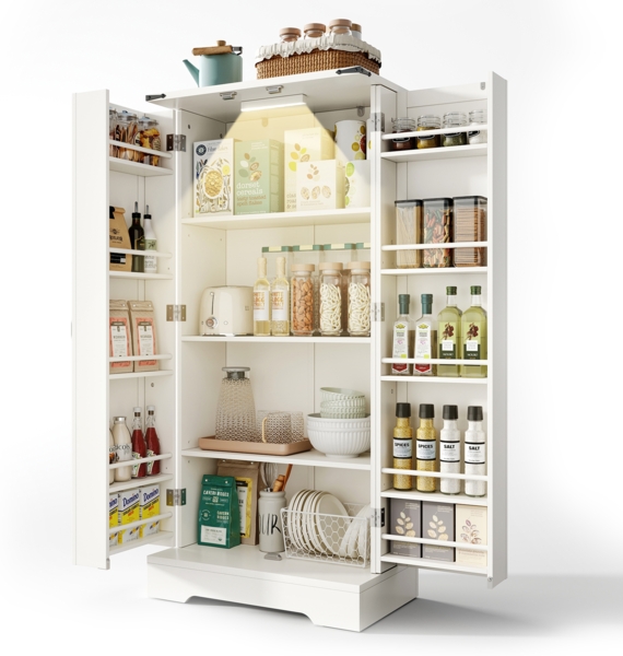 Merax 128,5 cm großer Küchenschrank, Bauernhaus-Aufbewahrungsschrank – LED-Speiseschrank mit 2 Flügeltüren und verstellbaren Regalen, weiße Tiefdruckstruktur