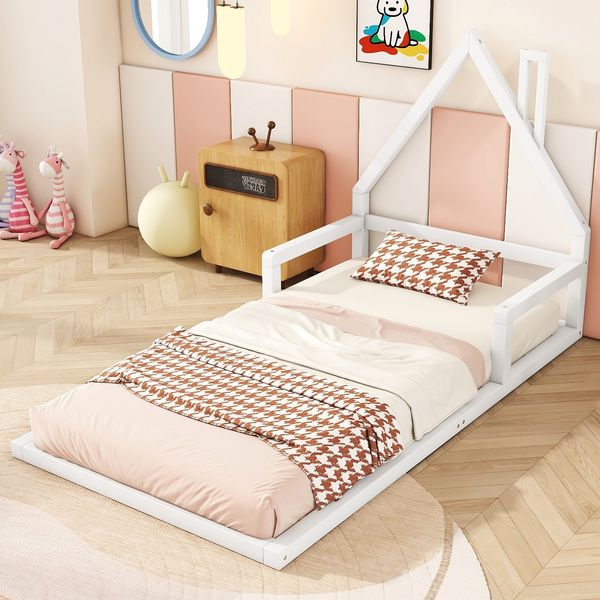 Kinderbett 90x200 cm in Hausform, Weiß,stabiles Flachbett mit 7 Lattenrosten, modernes Hausbett,leicht zu montieren und pflegeleicht