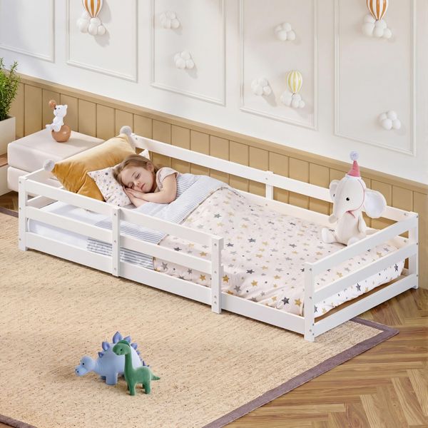 Ball & Cast Kinderbett Bodenbett 90x200 cm, Hausbett mit Sicherheitsumrandung, Montessori Bett aus massivem Kiefernholz, einfache Montage, ohne Matratze, Weiß
