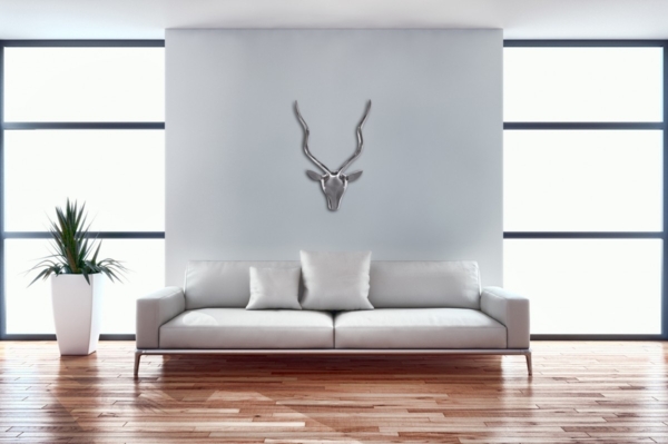FineBuy Deko Hirschgeweih S Aluminium Wanddeko Landhausstil Silber Metall modern, Design Hirschkopf Landhaus Geweih Wand groß, Wohndeko Hirsch außen, Wandschmuck