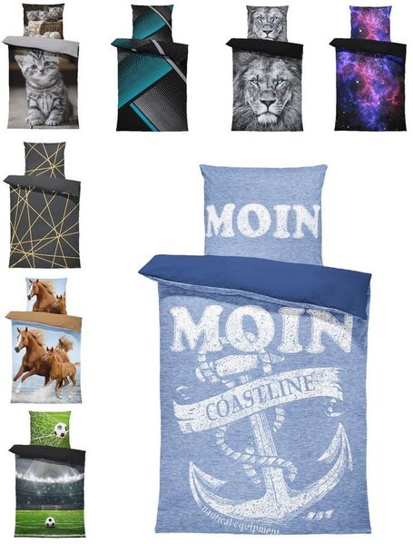 One Home Bettwäsche Fotodruck, Mikrofaser, 2 teilig, Maritim Anker Nautic meliert, Knitterfrei Weich für Sommer und Winter