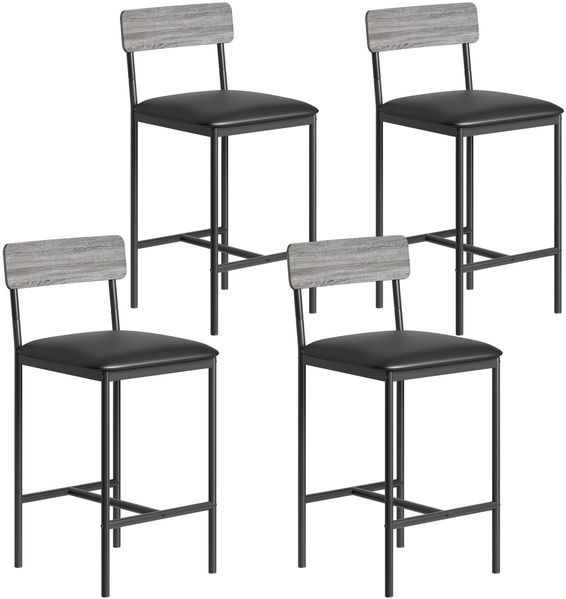 GarveeHome Barhocker 4er Set, 64cm Hohe Küchenhocker mit Rückenlehne & Fußstütze & Gepolsterter, Bistrohocker, Barstühle aus Kunstleder Metall Gut Gepolsterte Sitzfläche für Bar Theke Café, Grau