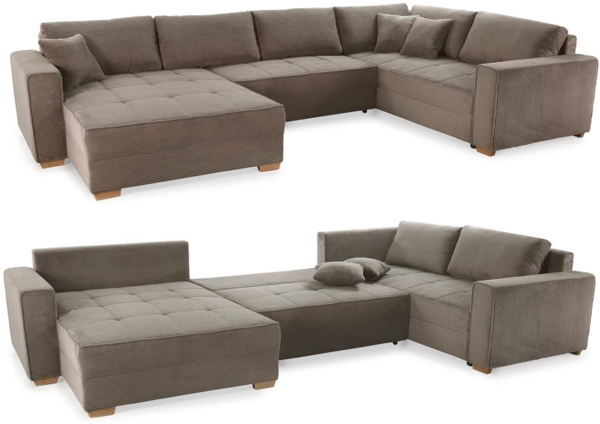 Wohnlandschaft U-Form Sofa Schlaffunktion Couch Bettkasten in Cord Braun Taupe
