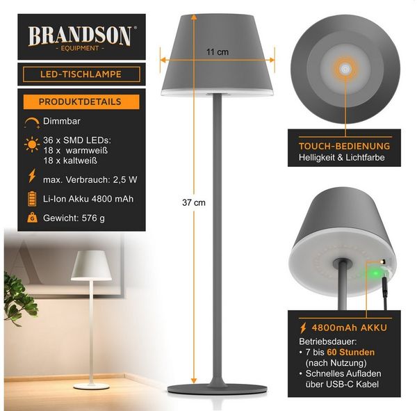 Brandson LED Tischleuchte mit Akku, Kabellos, mit Touch, Helligkeit stufenlos dimmbar, aus Metal, Dimmfunktion, Ein-/Ausschalter, Farbwechsel, mehrere Helligkeitsstufen, LED fest integriert, Kaltweiß, Neutralweiß, Warmweiß, Tischlampe, Nachttischlampe,...