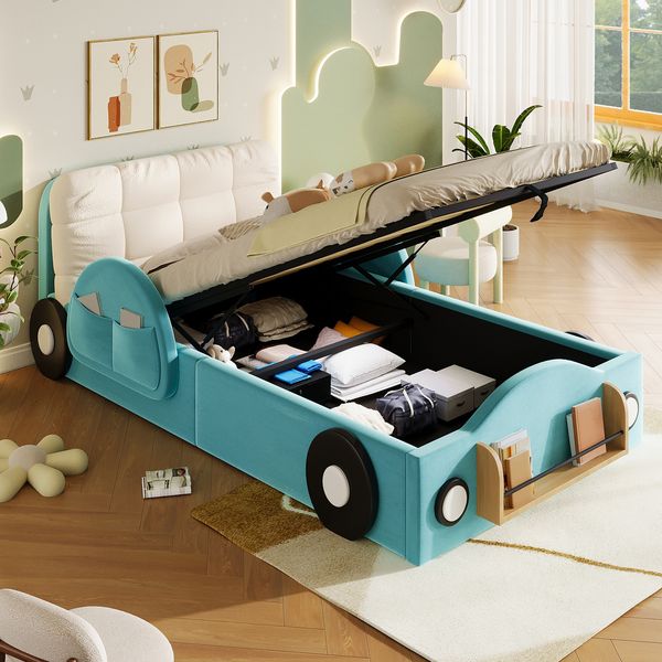 Merax Kinderbett, 90x200 Polsterbett, Jugendbett mit Samtbezug, hydraulischem Stauraum, Seitentaschen & Bücherablage, mit großem Kopfkissen, Blau